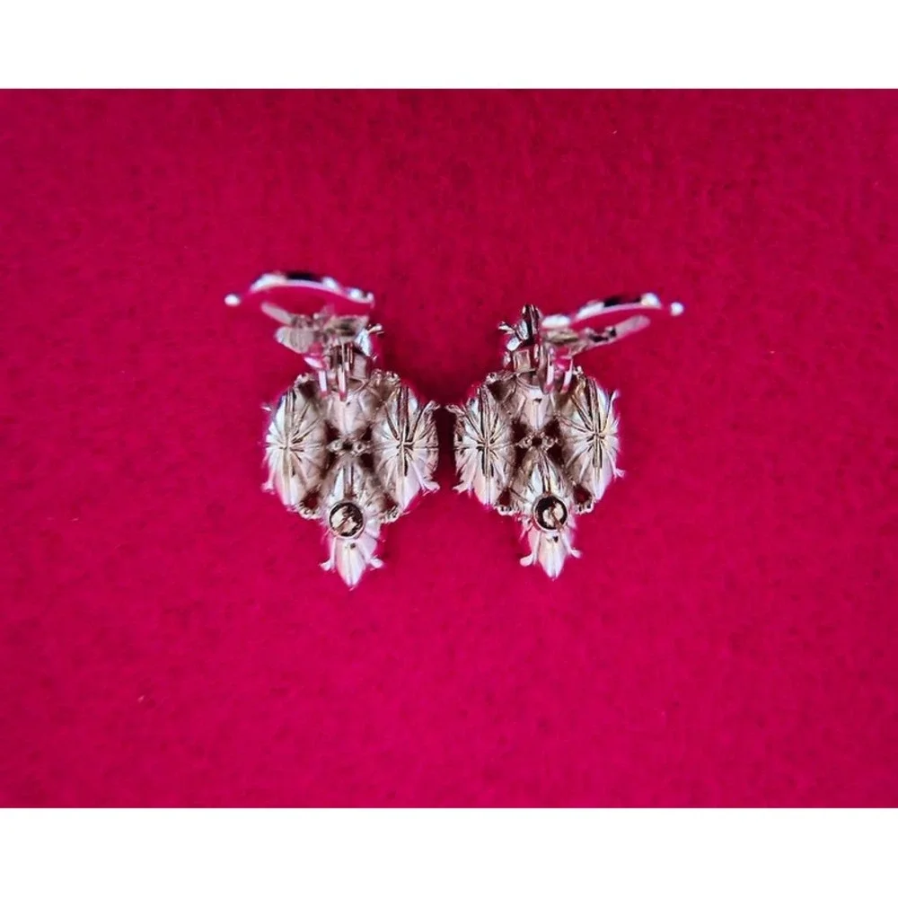 Yves Saint Laurent YSL Vintage Crystal Red Marquise Post Earrings Rhodium Plated